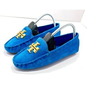 Tory Burch Women’s Suede Driver Flats Loafers 7M Blue with Gold Logo